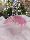 Fenton Glass Peach Crest 9" TALL Basket Pink-White Ruffled Edge w/Clear Handle