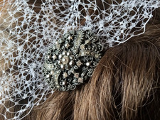 Art Deco Inspired Faux Marcasite Hair Comb w/ Birdcage Veil OOAK Bridal Pin-Up