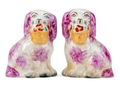 Staffordshire Reproduction Spaniel Pink Dogs with Baskets Pair Figurines-4''H