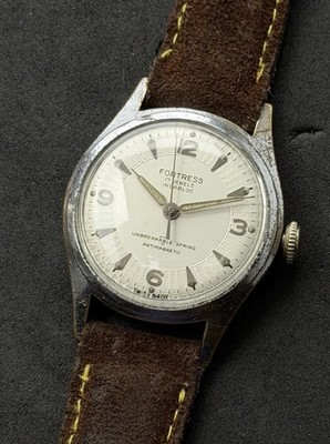Vtg 1960s FORTRESS Men s 33mm Mechanical Wind-Up Watch 17 Jewels Steel Suede