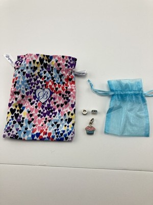 Brighton Silver Tone Cupcake Dangle Charm & 2 Blue Bead Spacer Charms Set w/