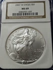 A 2007-W SILVER EAGLE $1 NGC MS69 BURNISHED BROWN LABEL