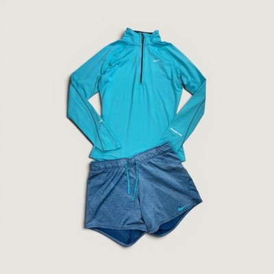 Nike Activewear Set Women Small Blue Teal 1/4 Zip Pullover and Running Shorts