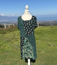 Vintage 90s Carole Little Green Black Short Sleeve Swing Patchwork Dress Boho 6