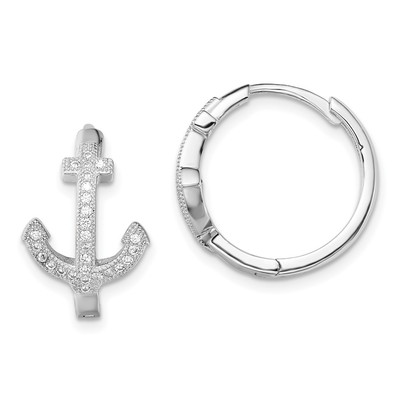 Sterling Silver Rhodium-plated Cubic Zirconia Anchor Hinged Hoop Earrings 3.35gm