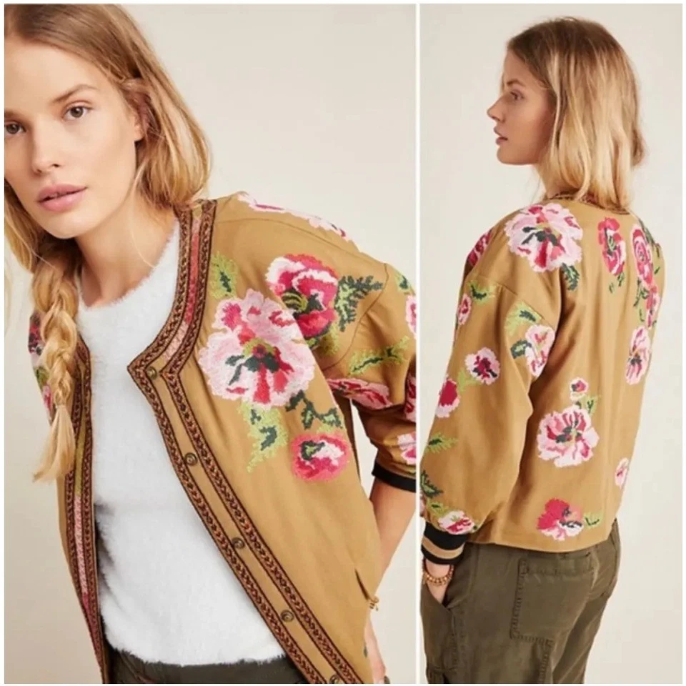 Chaqueta Bomber Anthropologie Floral Punta de Aguja Broches Bohemia Mujer Talla Mediana Foto 4 de 4