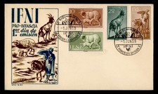 DR WHO 1959 SPANISH IFNI FDC PRO INFANCIA ANIMAL CACHET COMBO SEMI POST M68402