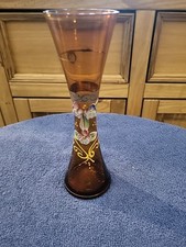 Vintage Czech Bohemian Amber Glass Bud Vase Hand Painted Florals Gold Trim