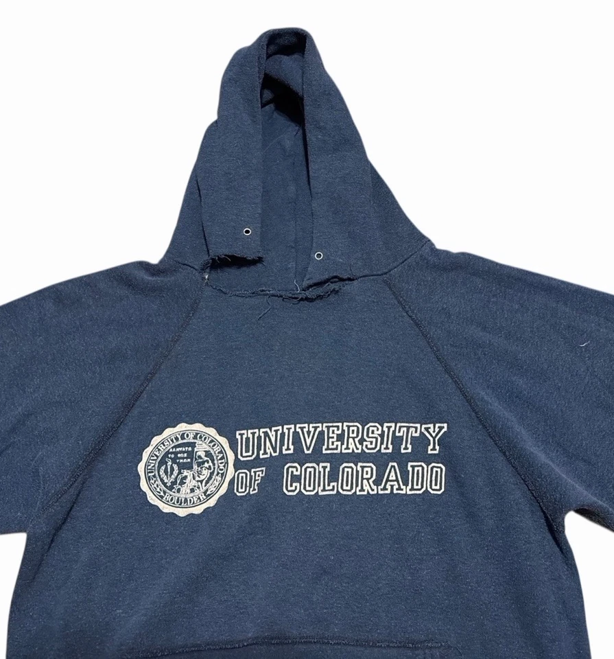 Sudadera con Capucha Vintage Años 70 Universidad de Colorado Para Hombres XS/S Raglán Azul Desteñida Foto 2 de 4