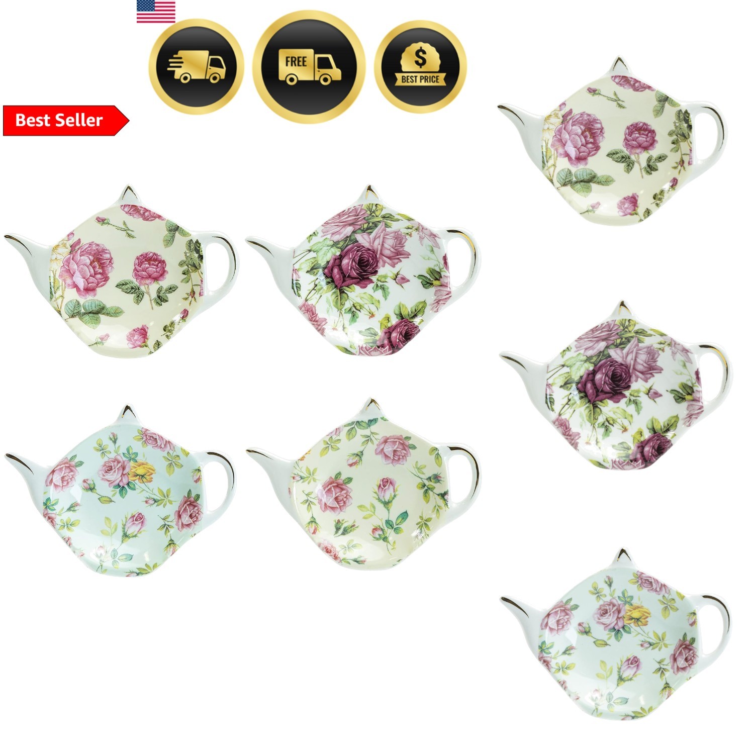 Bag Holder Set Porcelain Rose Chintz Tea Coasters Kitchen De