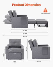 Sleeper Sofa Bed, Convertible Sleeper Bed with Side Pocket, Pillow, Gray