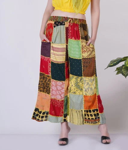 Women Acidwash Multi Patchwork Long Palazzo Pant Elastic Waist Wholesale Mix Lot