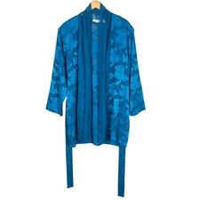 Vintage Victorias Secret Gold Label Floral Jacquard Robe Teal Blue Pockets L