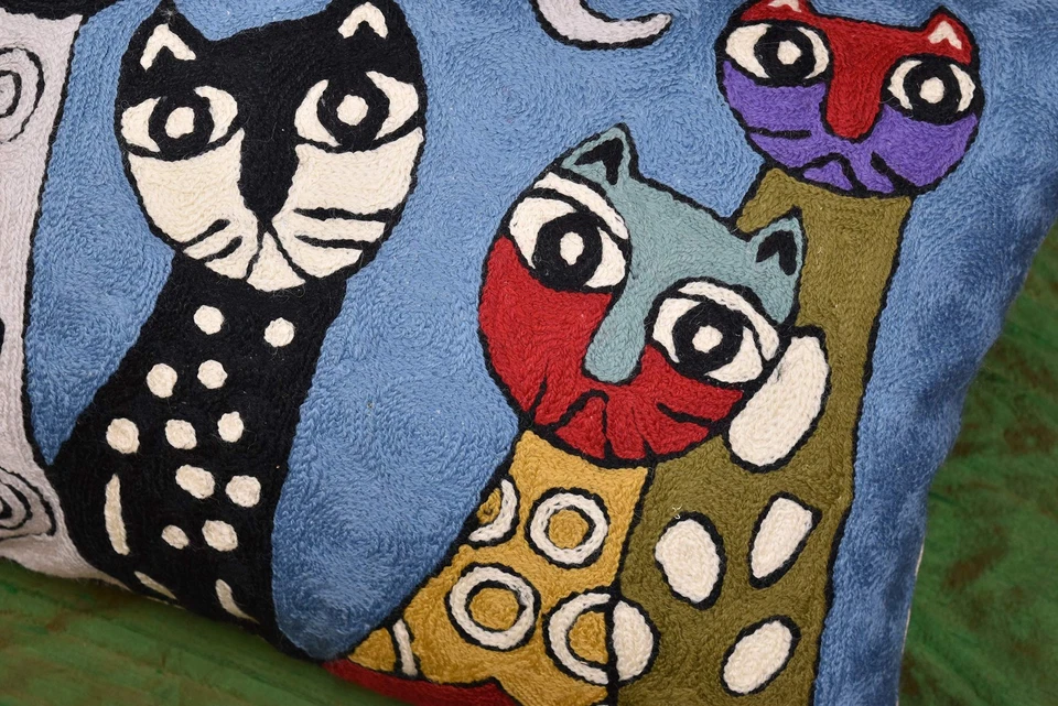 Lumbar Picasso Pillow Cover - Blue Cat Abstract Kitties Cushion - Hand Embroi... - Image 3 of 4