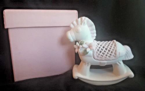 ROCKING HORSE VINTAGE CERAMIC FIGURINE BABY NURSERY DECOR ORIG BOX NEW NOS PINK