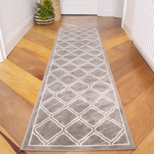 Light Grey Silver Geometric Runner Rug Moroccan Trellis Living Room Hall Runners