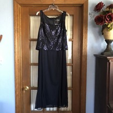 NWT ALEX Evening Gown, Navy Sequins Overlay Top, Full-Length Gauzy Skirt, Sz 16