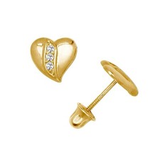14K Solid Yellow Gold Love Heart Studs Screw Back Earrings Sparkling CZ Stones