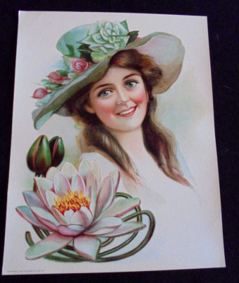 Victorian Lady, Hat, Waterlily, Sample Large 12.75''x10'' Print 1906 FREE SHIP
