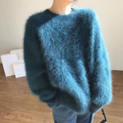 Damen Faux Mohair Pullover Rundhals Pullover Strick Freizeit Winter Warm Plüsch