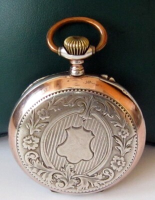 ANTIQUE RARE NICE MEN'S TWO TONE SOLID SILVER 0.800 OPEN FACE POCKET WATCH # 362