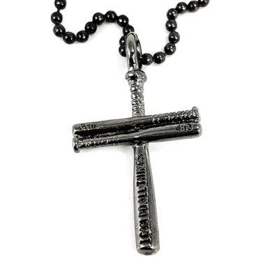 Phil 4:13 Baseball Bat Cross Gunmetal Color Finish Necklace