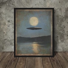 Retro UFO MOON LAKE Wall Art, Celestial Alien NHI Decor, Sci-fi Lunar UAP Poster