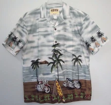 Honu Hawaiian Aloha Shirt Motorcycles Beach Surfboards Men's L Waves Island