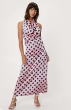 Nasty Gal Satin Polka Dot Print Cowl Maxi Dress In Pink UK 8 RRP £49 BNWT