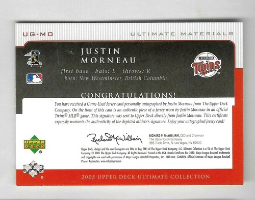 JUSTIN MORNEAU 2005 UD ULTIMATE MATERIALS SP JERSEY RELIC AUTOGRAPH #UG-MD 06/25 - Picture 2 of 2