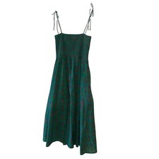 Maisie Womens Dress Size Large Green Smocked Floral Midi Pockets Pure Cotton