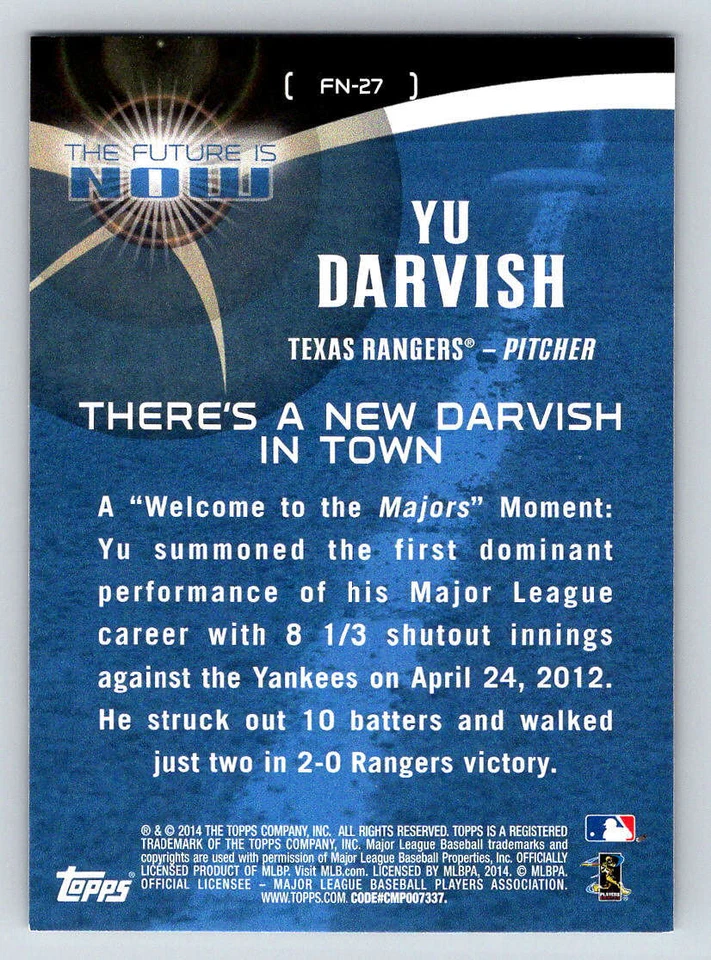 2014 Topps The Future is Now #FN27 Yu Darvish (ref 195251) - Image 2 of 2