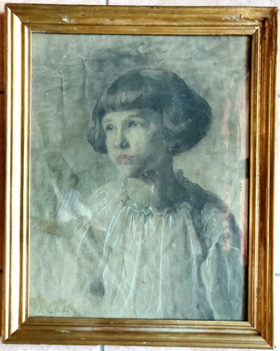 Antico disegno 1800 ritratto di bambina a carboncino firmato in cornice - Foto 1 di 14