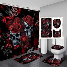 Rose Skull Gothic Waterproof Shower Curtain Bath Mat Toilet Cover Set