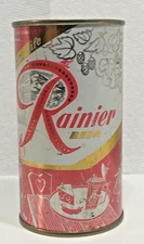 Red Rainier flat top Beer Can (Guy holding beer Stein, pretzels)