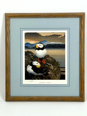1995 Byron Birdsall Print of Peaceable Puffins Signed Framed/Matted 16'' X 18.5''