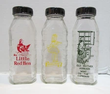 3 SAMUEL CALLET CO. GLASS NURSERY RHYME BABY BOTTLES RED HEN GOLDILOCKS HUBBARD