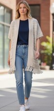 Chico  s Connie Long Cardigan Vest Gold Foil Fringe Belt NWT M/L Boho Statement