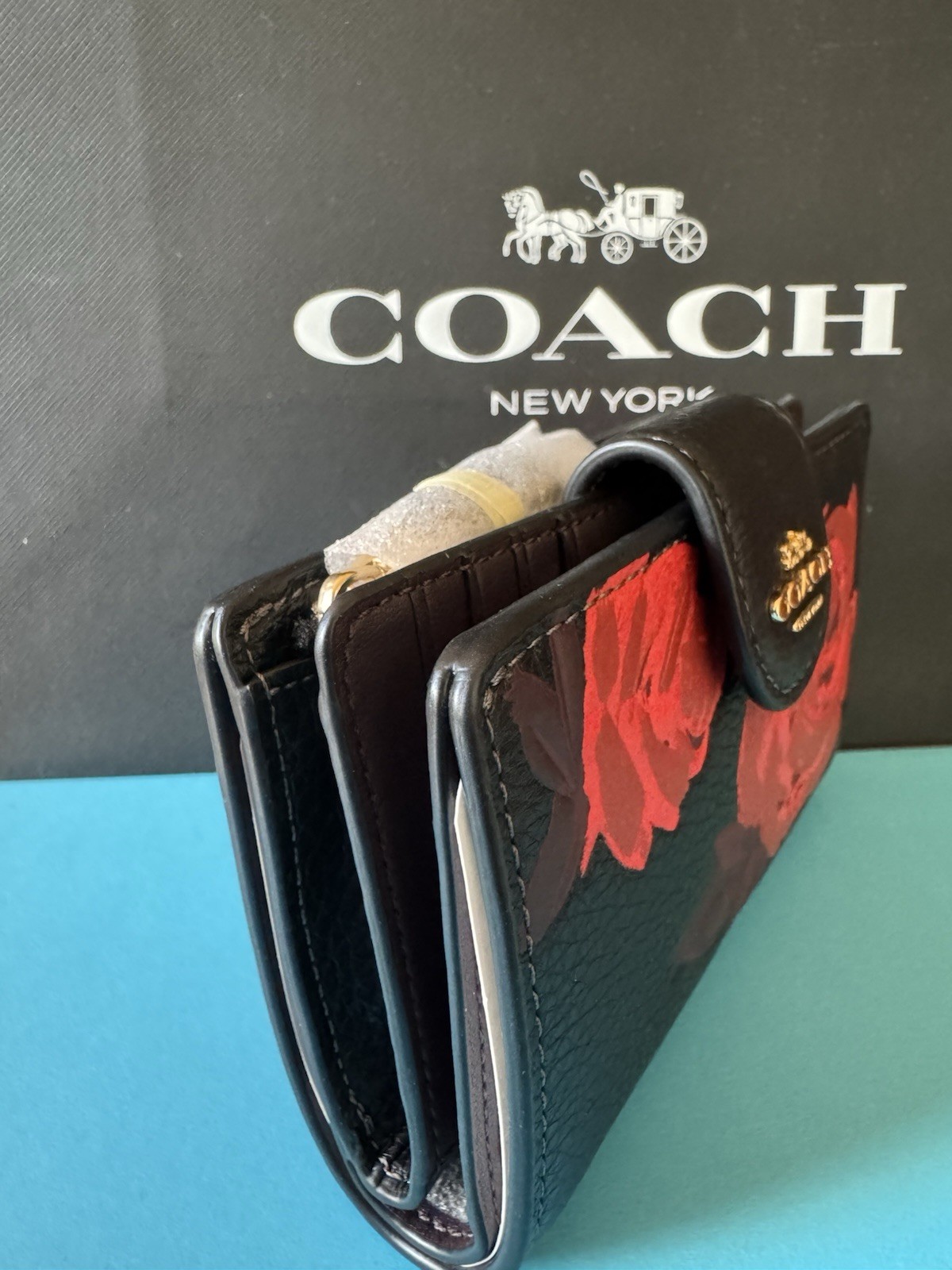 NWT Coach Medium Corner Zip Wallet With Floral Print Leather Black/ Red