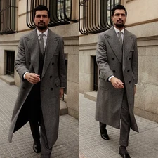 Herringbone Men Coats Jacket Long Overcoats Business Outwear Wool Blend Tweed