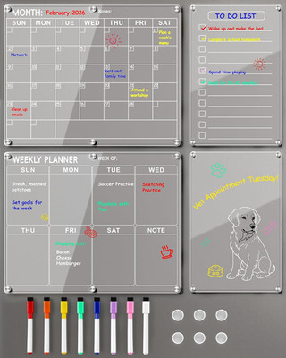 4 Pack Acrylic Magnetic Calendar for Refrigerator Set, Clear Monthly Weekly Dail