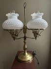 Vintage Brass Table/Desk Double Arm Lamp W/ Milk Glass Shades