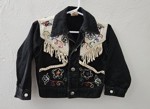 Vintage Rare Black Denim Western Jacket Kid Size 4 Embroidery Fringe PLEASE READ