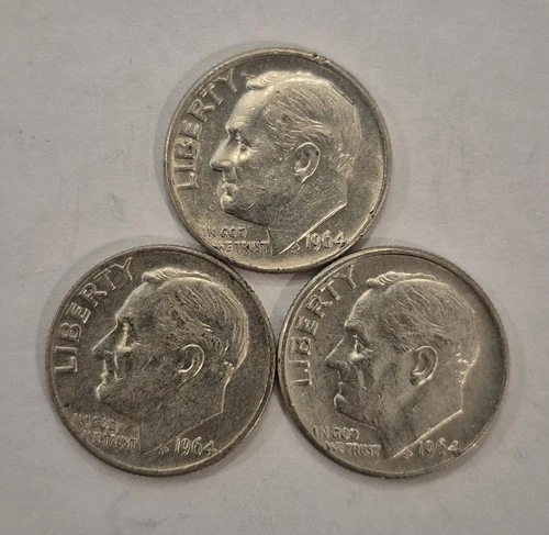 Lot of 3 ~ 1964 D, 90% Silver Roosevelt Dimes. Good Condition!