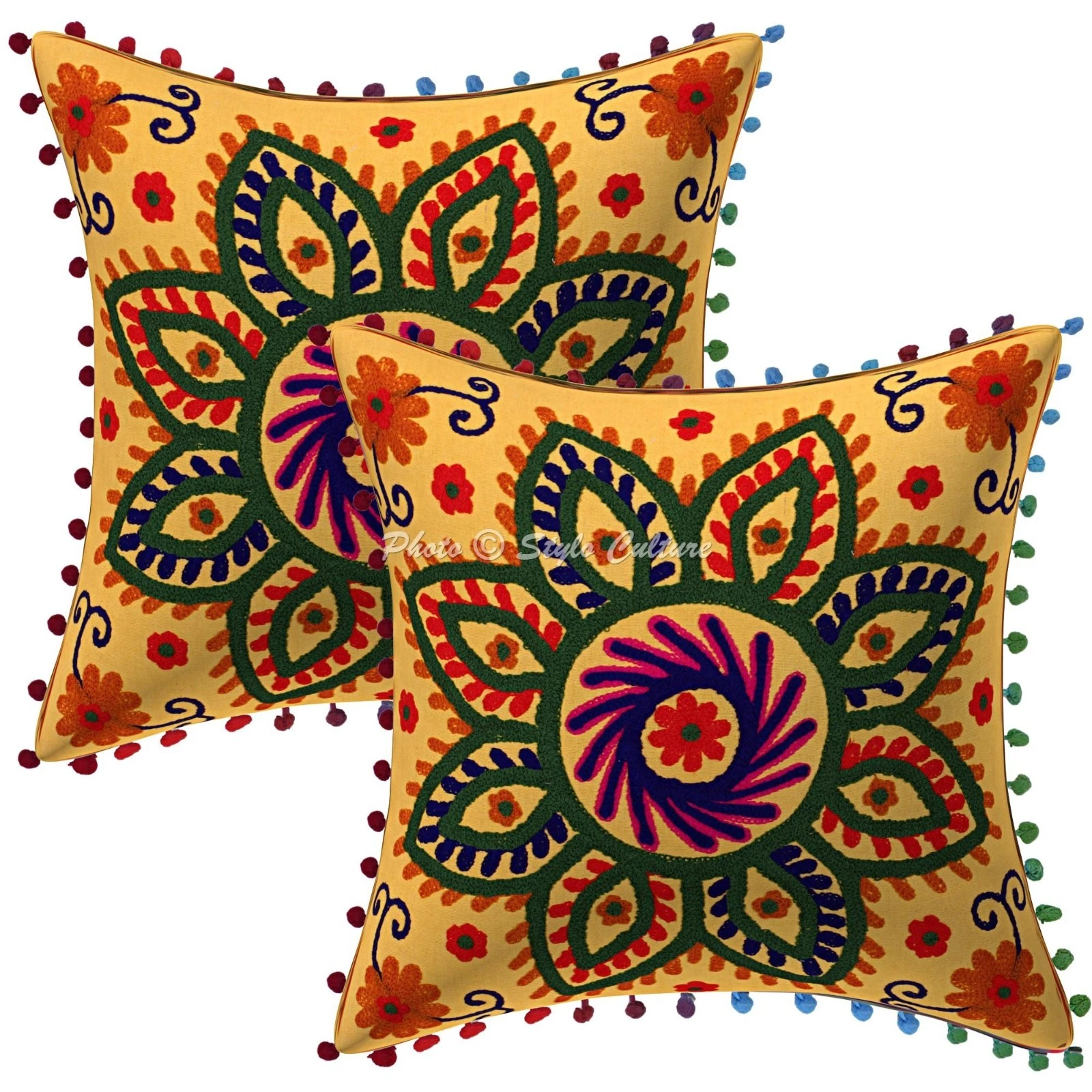 Indian Cotton Throw Pillow Covers Suzani Embroidered Pom Pom Yellow Floral Decor