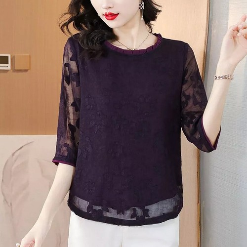 Blouse Vintage Femme Violette - Taille XL - Manches Papillon - Polyester - Occasion Bon état
