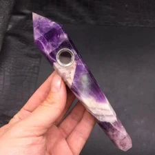 Long Natural Chevron Amethyst Quartz Crystal Smoking Pipe Wand Healing 6.07''