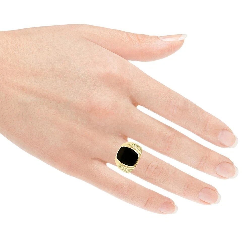 Anillo de sello de oro amarillo de 14k con piedras preciosas de espinela negra natural para hombre Foto 3 de 4