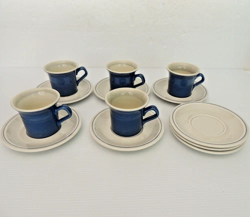 Stoneware made USA Lot of 5 mug,6 1/4 in, Gray With Blue 7 saucer 3"H