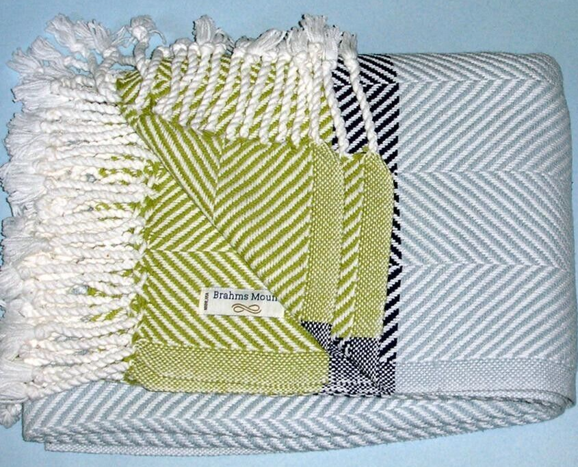New Brahms Mount Throw Blanket USA Cotton TriColor Herringbone Blue